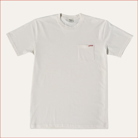 Flat lay image of a soft white ecru pocket t-shirt with detailed red contrast stitching on the chest. Minimalist and understated design by shoreditch and hale