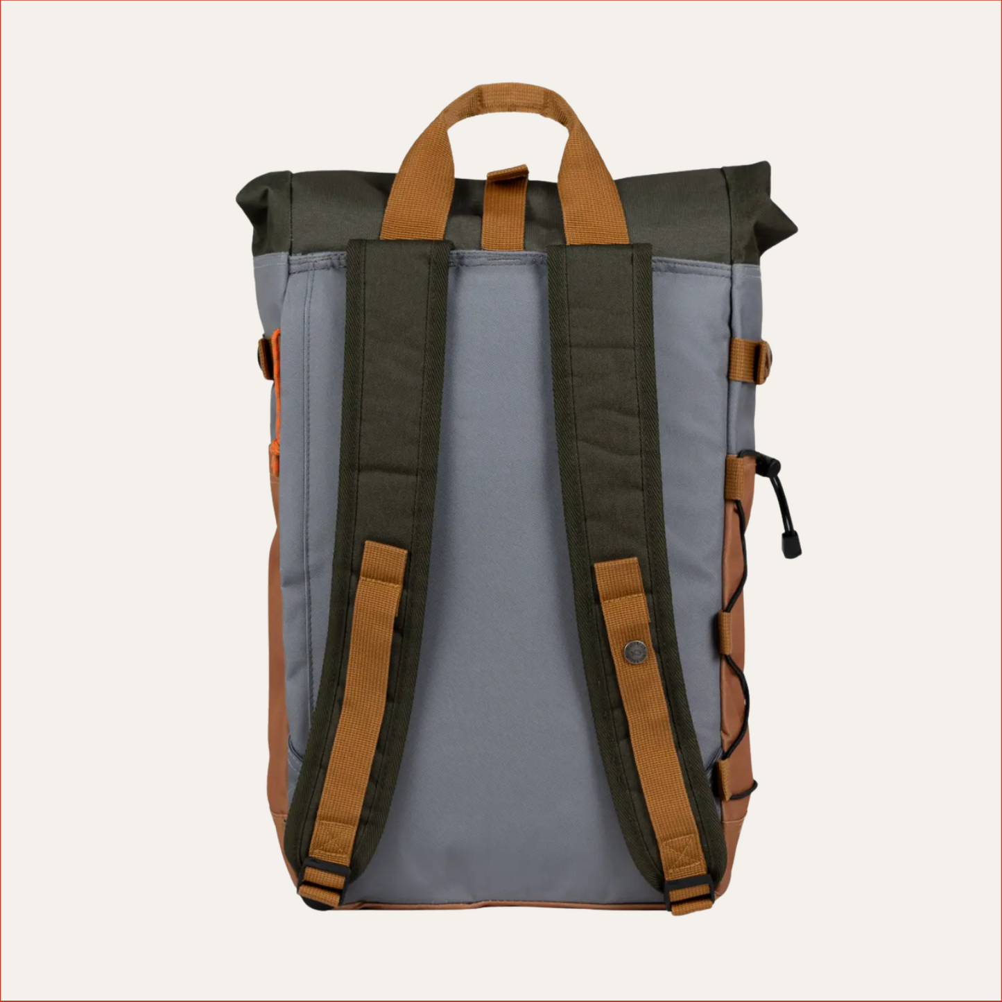 Backpack with brown straps on a light gray background