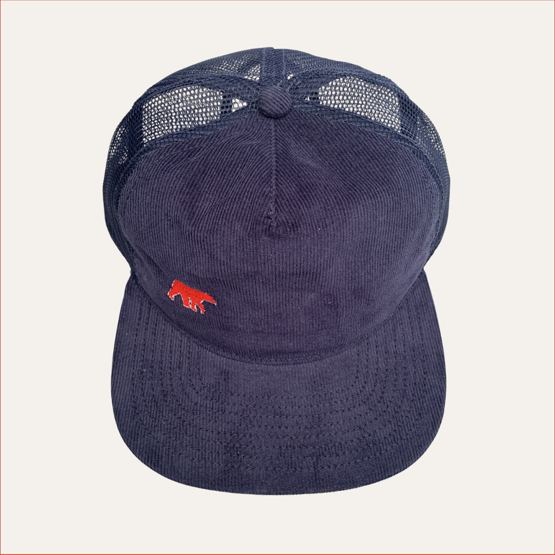 Navy corduroy and mesh trucker cap with red embroidered bear logo – casual unisex hat by Shoreditch and Hale