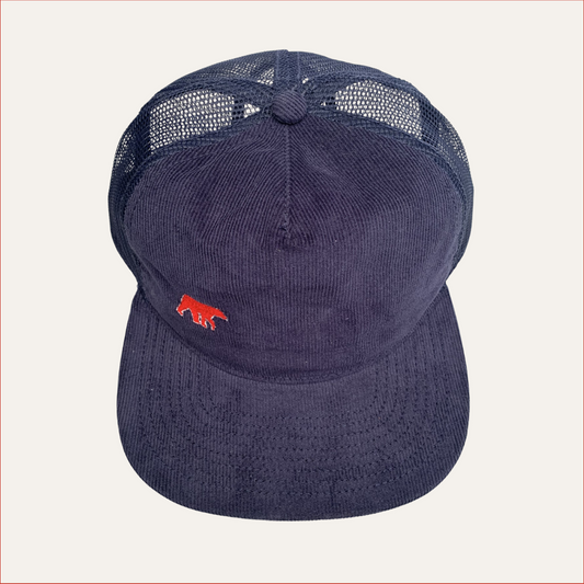 Navy corduroy and mesh trucker cap with red embroidered bear logo – casual unisex hat by Shoreditch and Hale