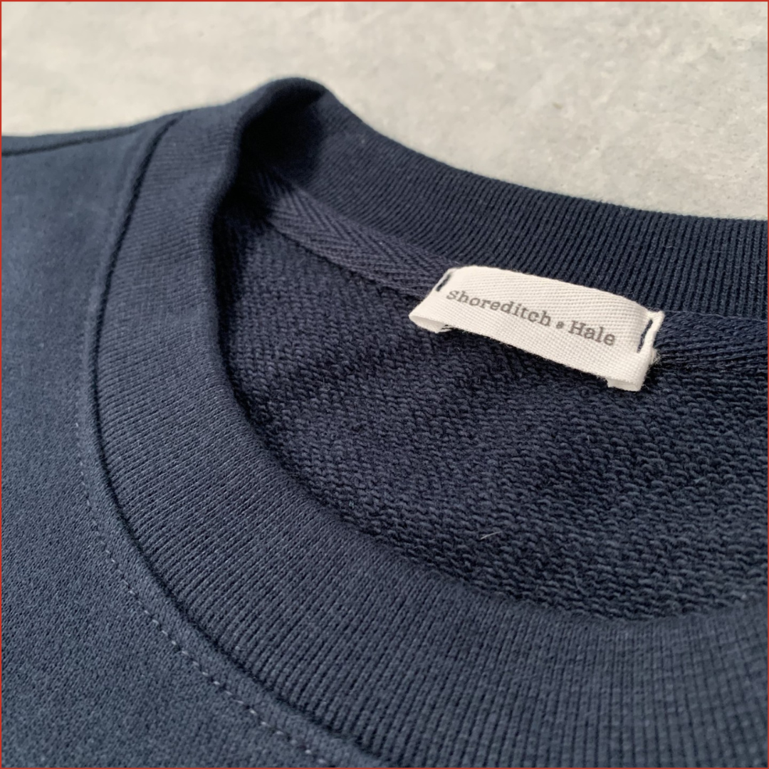 S&H 17. Midweight Soft Cotton Navy Sweatshirt with Olive Detail.