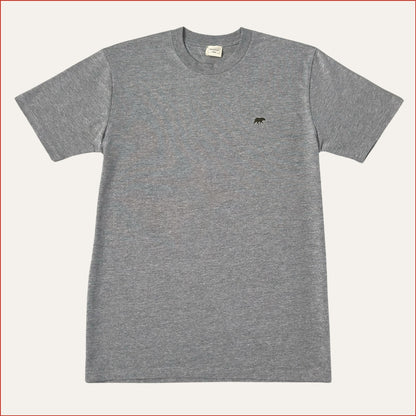 Flat lay image of a Gray shoreditch and hale soft cotton t-shirt with a small olive logo on a white background. minimalist and understated design casual menswear