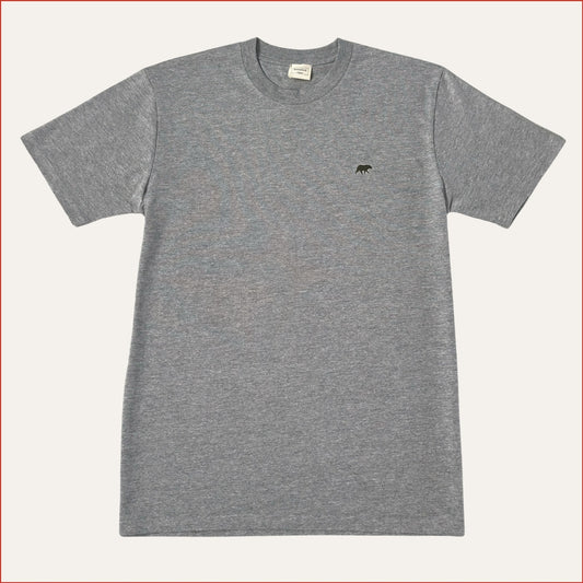 Flat lay image of a Gray shoreditch and hale soft cotton t-shirt with a small olive logo on a white background. minimalist and understated design casual menswear