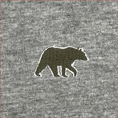 close up image of an Embroidered bear design in olive colour on a gray soft cotton tshirt 